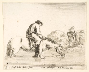 Plate 5- a barefoot peasant on horseback crossing a river, another peasant on horseback and leading a horse on a bank to right in the background, from 'Diversi capricci' MET DP817356