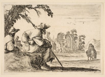 Plate 5- two pilgrims with hats rest to the left, seen from behind, a horseman rides towards the background to the right, from 'Various Figures' (Agréable diversité de figures) MET DP817557