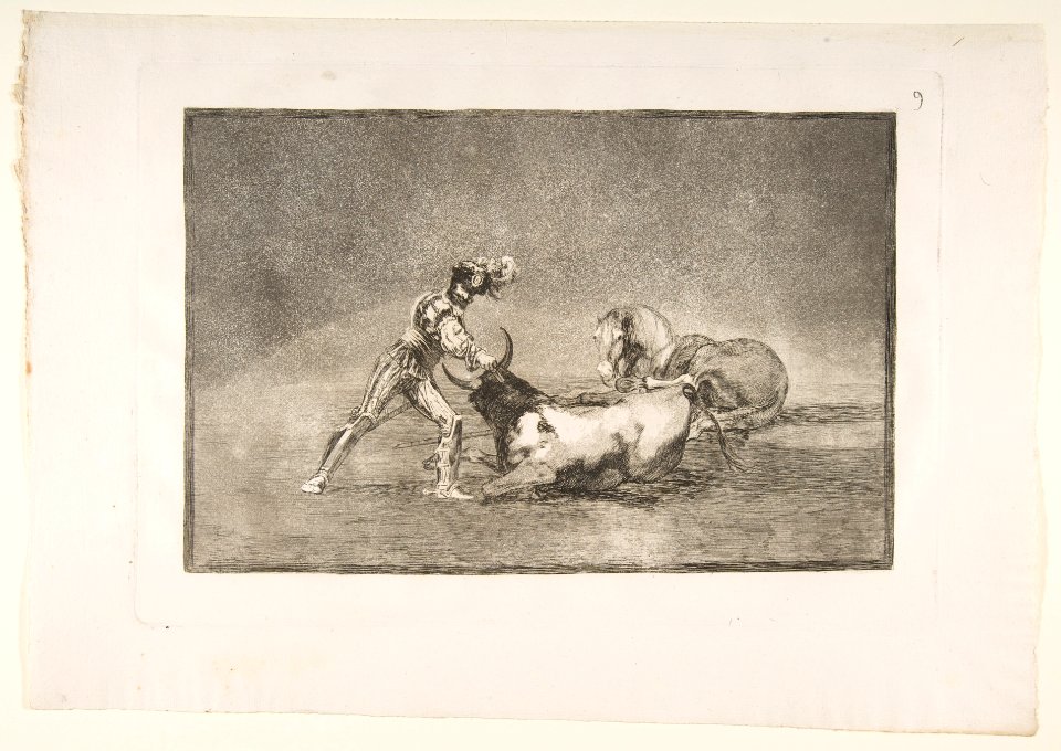 Plate 9 of the 'Tauromaquia'- A Spanish knight kills the bull after having lost his horse. MET DP817779