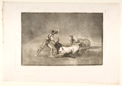 Plate 9 of the 'Tauromaquia'- A Spanish knight kills the bull after having lost his horse. MET DP817779. Free illustration for personal and commercial use.