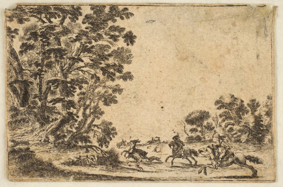Plate 4- a deer hunt, two horsemen galloping towards the rightbehind three dogs and a deer, a group of trees to left, from 'Various Figures' (Agréable diversité de figures) MET DP817434