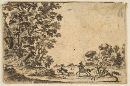 Plate 4- a deer hunt, two horsemen galloping towards the rightbehind three dogs and a deer, a group of trees to left, from 'Various Figures' (Agréable diversité de figures) MET DP817434