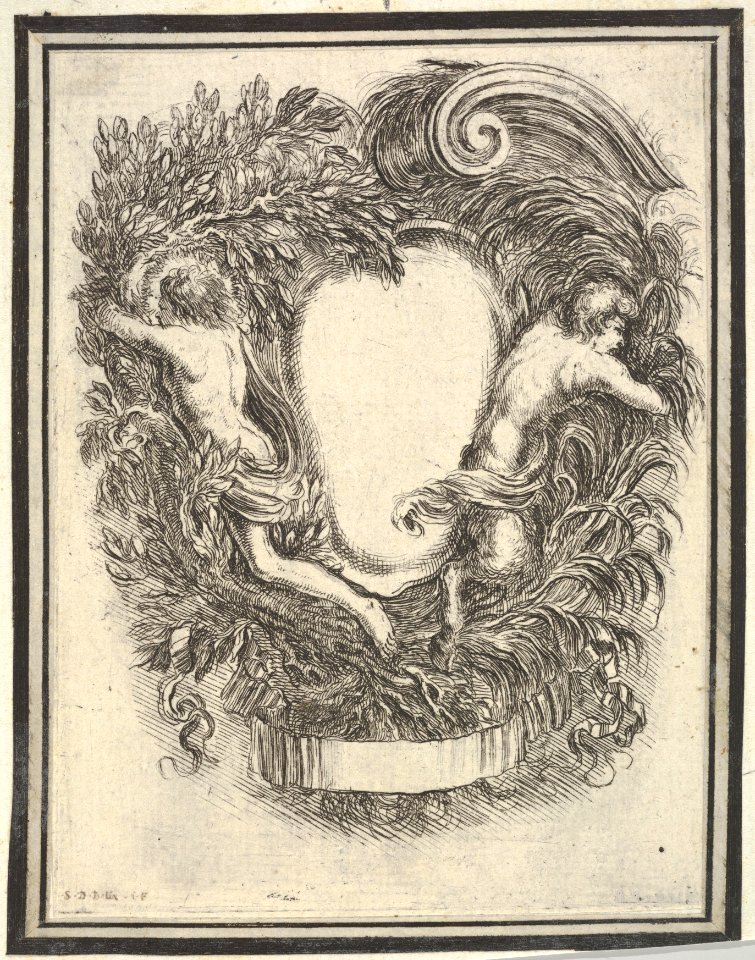 Plate 5- a cartouche flanked by Apollo and Pan, from 'Nouvelles inventions de Cartouches' MET DP833503