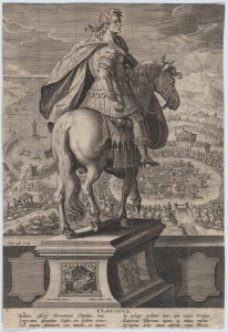 Plate 5- equestrian statue of Claudius, seen from behind, a naval competition at right in the background, from 'Roman Emperors on Horseback' MET DP877294