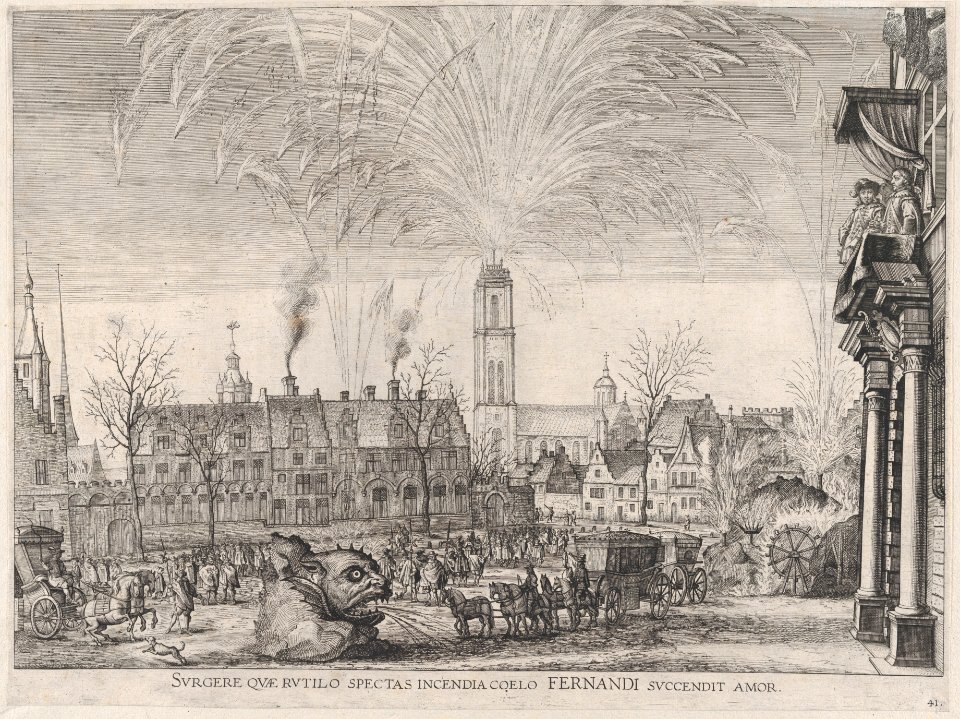 Plate 41- Fireworks display in city square with Ferdinand watching from a balcony at right; from Guillielmus Becanus's 'Serenissimi Principis Ferdinandi, Hispaniarum Infantis...' MET DP874819