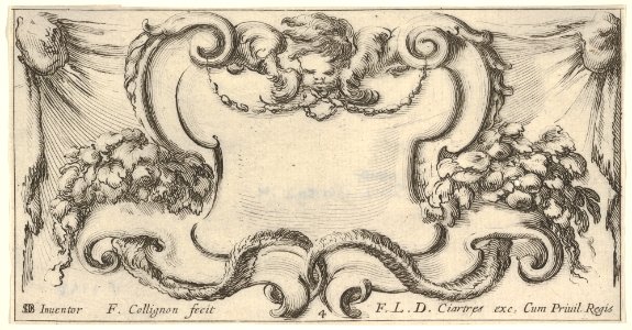 Plate 4- a cartouche with the head of a cherub at top center, leaves and flowers to either side, from 'Twelve cartouches' (Recueil de douze cartouches) MET DP832436