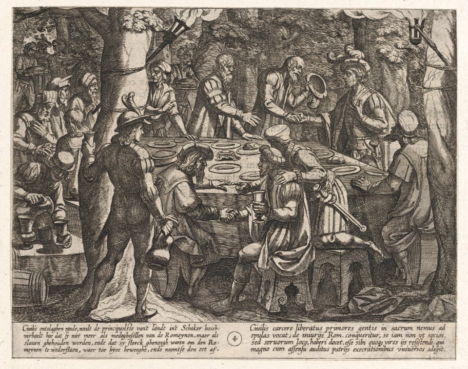 Plate 4- Civilis tells the Dutch Elders that They are Being Treated Like Slaves by the Romans, from The War of the Romans Against the Batavians (Romanorvm et Batavorvm societas) MET DP863201