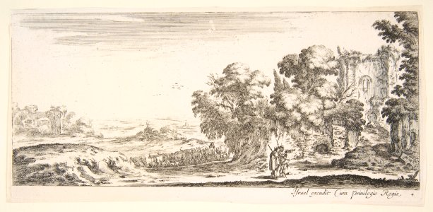 Plate 4- two pilgrims observing ruins to right, one pointing towards the right, a shepherd and a herd of cattle in center background, from 'Various landscapes' (Divers paysages) MET DP817813
