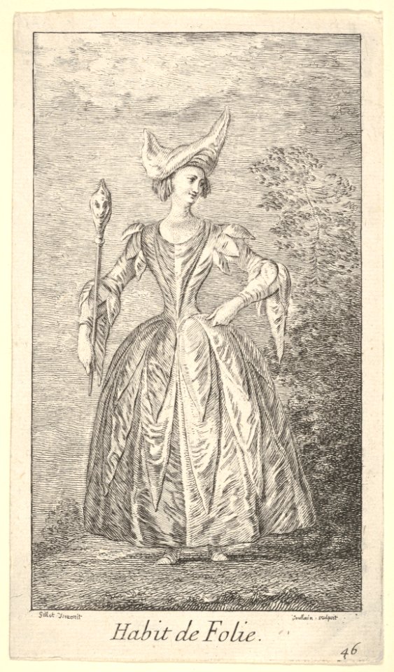Plate 46- Habit de Folie- a woman in a ballet pose, wearing a bonnet and holding a marotte in her right hand, from 'New designs for costumes' (Nouveaux desseins d'habillements à l'usage des balets operas et comedies) MET DP832430