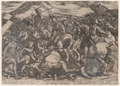 Plate 9- The Israelites Battling the Amalekites, from 'The Battles of the Old Testament' MET DP863702