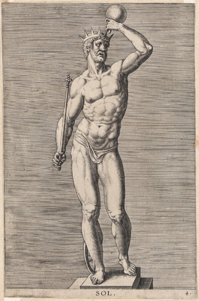 Plate 4- Apollo; statue of the nude god standing on a socle, wearing a crown and holding a scepter in his right hand and an orb in his left; from 'Statues of Roman Gods' after Jacques Jonghelinck MET DP874723