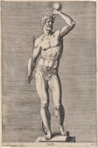 Plate 4- Apollo; statue of the nude god standing on a socle, wearing a crown and holding a scepter in his right hand and an orb in his left; from 'Statues of Roman Gods' after Jacques Jonghelinck MET DP874723