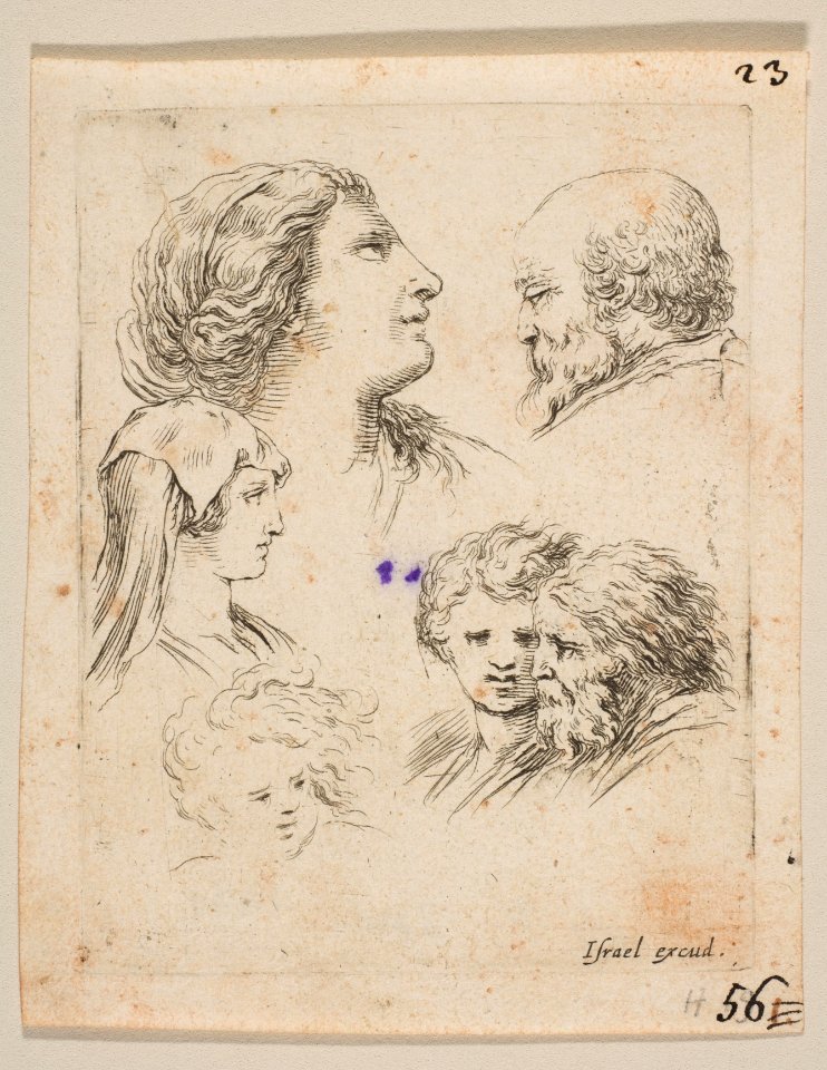Plate 9- five heads, two young women at left, a bearded man at upper right, a young woman and a bearded man at bottom right, from 'The Book for Learning to Draw' (Livre pour apprendre à dessiner) MET DP817850