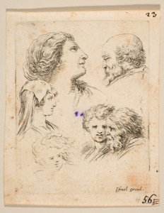 Plate 9- five heads, two young women at left, a bearded man at upper right, a young woman and a bearded man at bottom right, from 'The Book for Learning to Draw' (Livre pour apprendre à dessiner) MET DP817850