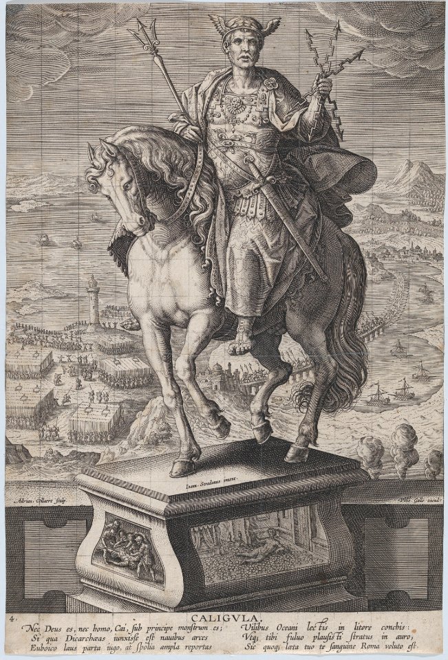 Plate 4- equestrian statue of Caligula, seen three-quarters to the left, wearing a winged helmet and holding double-headed arrows, a military scene in the background, from 'Roman Emperors on Horseback' MET DP877293