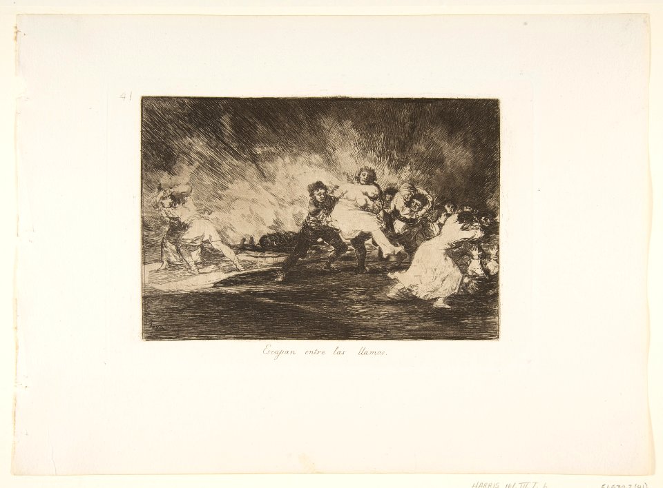 Plate 41 from 'The Disasters of War' (Los Desastres de La Guerra)- 'They escape through the flames.' (Escapan entre las llamas) MET DP817384
