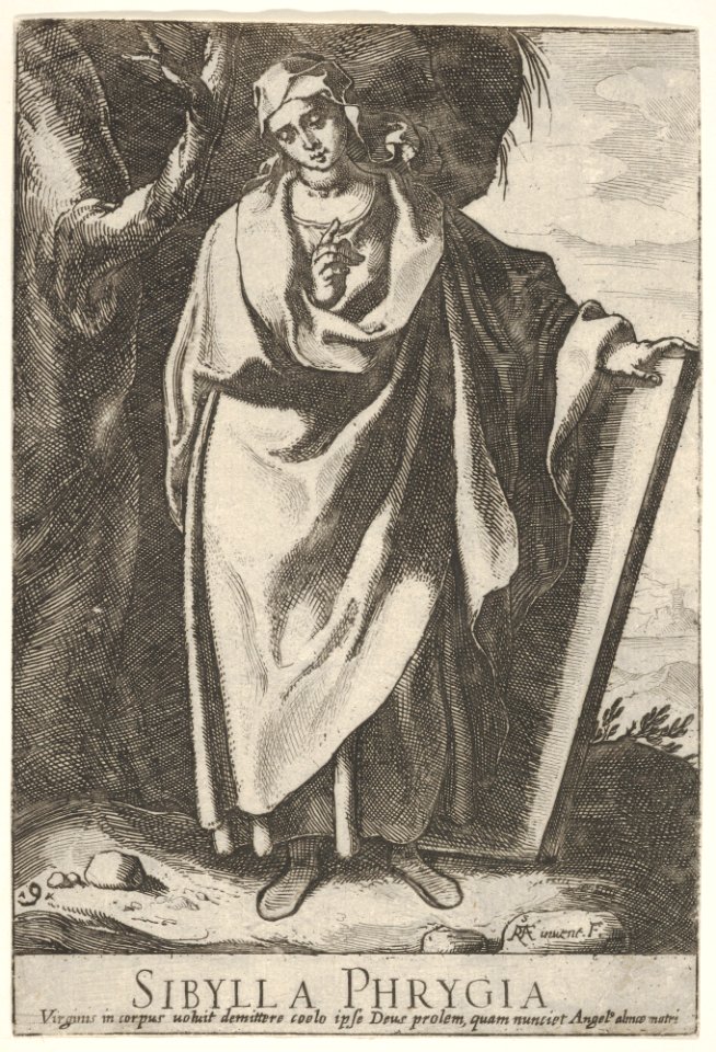 Plate 9- the Phrygian Sibyl holding the top of a tablet with her left hand and pointing with her right, from the series of 'Sibyls' MET DP831527