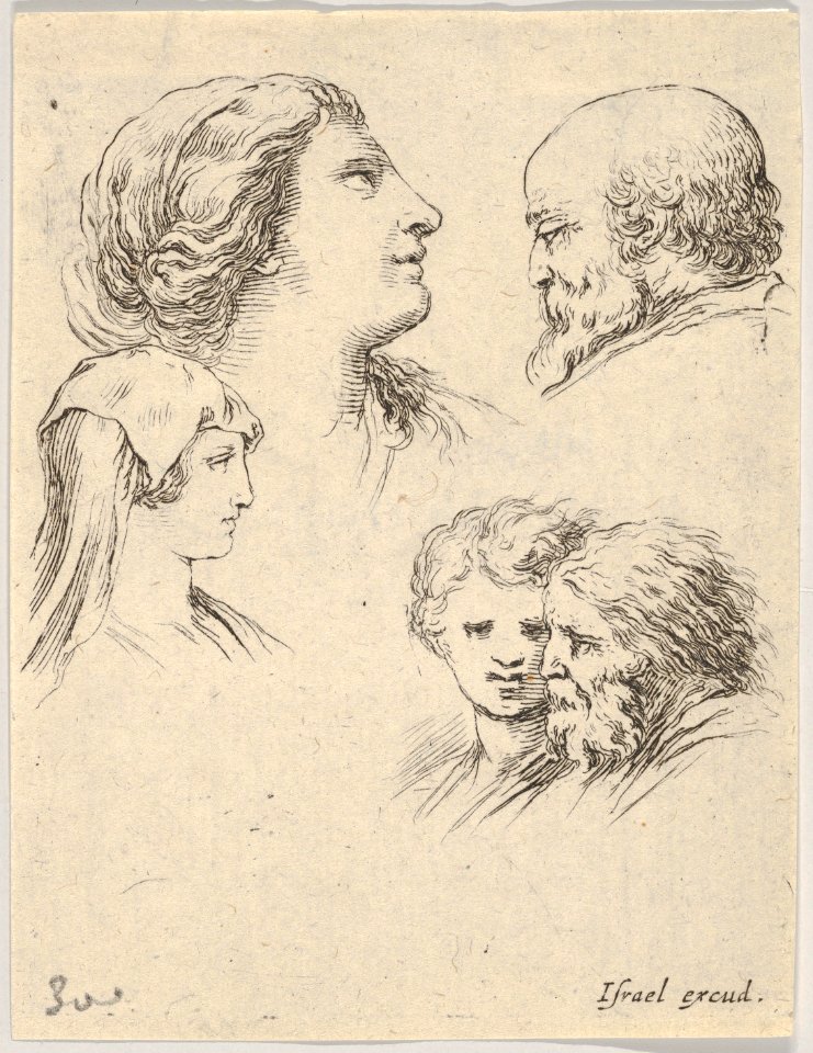 Plate 9- five heads, two young women at left, a bearded man at upper right, a young woman and a bearded man at bottom right, from 'The Book for Learning to Draw' (Livre pour apprendre à dessiner) MET DP831138