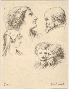 Plate 9- five heads, two young women at left, a bearded man at upper right, a young woman and a bearded man at bottom right, from 'The Book for Learning to Draw' (Livre pour apprendre à dessiner) MET DP831138