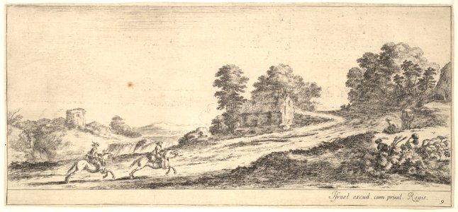 Plate 9- two horsemen at left galloping uphill towards the right, a horse and seated man to right, from 'Various landscapes' (Divers paysages) MET DP827788
