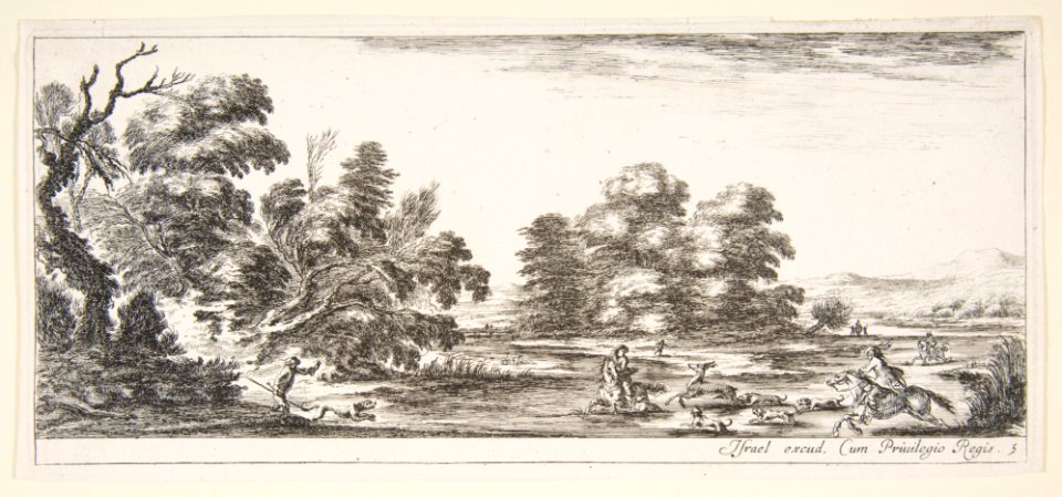 Plate 5- two horsemen in a stream to right, riding towards the left, following four dogs chasing a stag, another dog running into the water from the left, from 'Various landscapes' (Divers paysages) MET DP817814