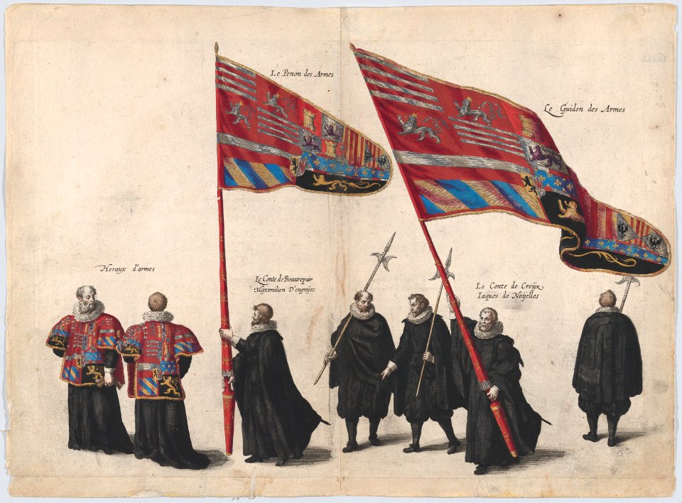 Plate 48- Men bearing arms and heraldic flags marching in the funeral procession of Archduke Albert of Austria; from 'Pompa Funebris ... Alberti Pii' MET DP874752