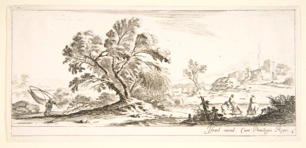 Plate 6- a fisherman carrying a net to left, two horsemen in a stream to right, a tree in center, a castle in ruins to right in the background, from 'Various landscapes' (Divers paysages) MET DP817815