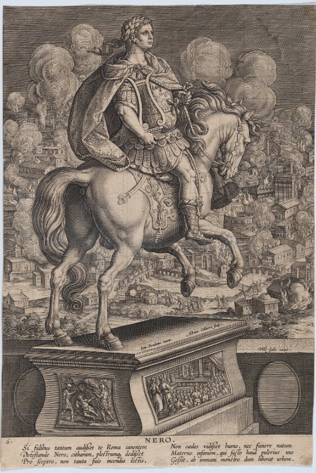 Plate 6- equestrian statue of Nero, seen from behind, the Great Fire of Rome in the background, from 'Roman Emperors on Horseback' MET DP877295