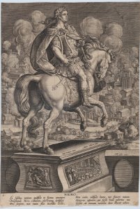 Plate 6- equestrian statue of Nero, seen from behind, the Great Fire of Rome in the background, from 'Roman Emperors on Horseback' MET DP877295