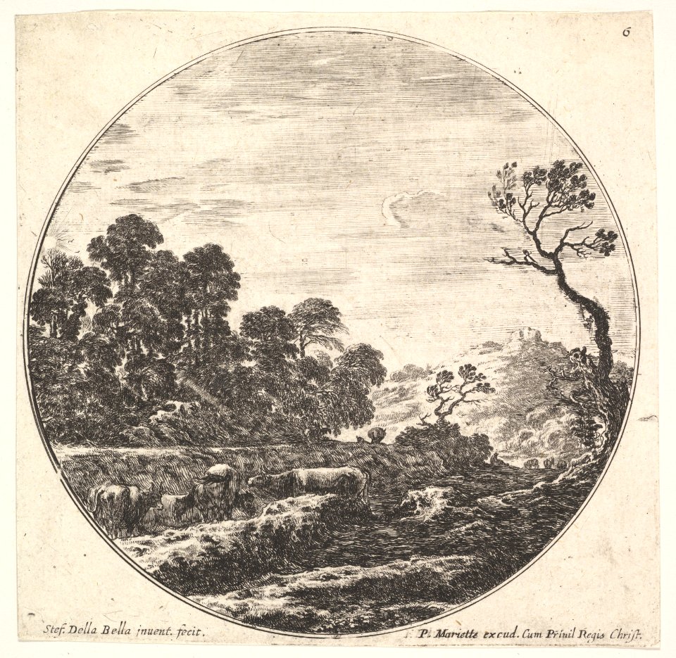 Plate 6- cows crossing a valley to left, a group of trees to left, a horseman and other cows in the background, a round composition, from 'Roman landscapes and ruins' (Paysages et ruines de Rome) MET DP828072