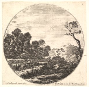 Plate 6- cows crossing a valley to left, a group of trees to left, a horseman and other cows in the background, a round composition, from 'Roman landscapes and ruins' (Paysages et ruines de Rome) MET DP828072
