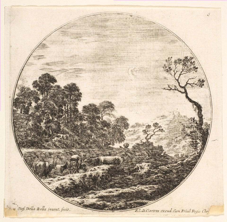 Plate 6- cows crossing a valley to left, a group of trees to left, a horseman and other cows in the background, a round composition, from 'Roman landscapes and ruins' (Paysages et ruines de Rome) MET DP817978