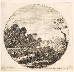 Plate 6- cows crossing a valley to left, a group of trees to left, a horseman and other cows in the background, a round composition, from 'Roman landscapes and ruins' (Paysages et ruines de Rome) MET DP817978