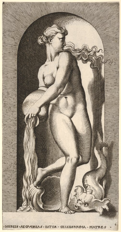 Plate 6- Thetis standing in a niche with a shell and sea creature, pouring water out of a vase, looking to her left, from a series of mythological gods and goddesses MET DP830914