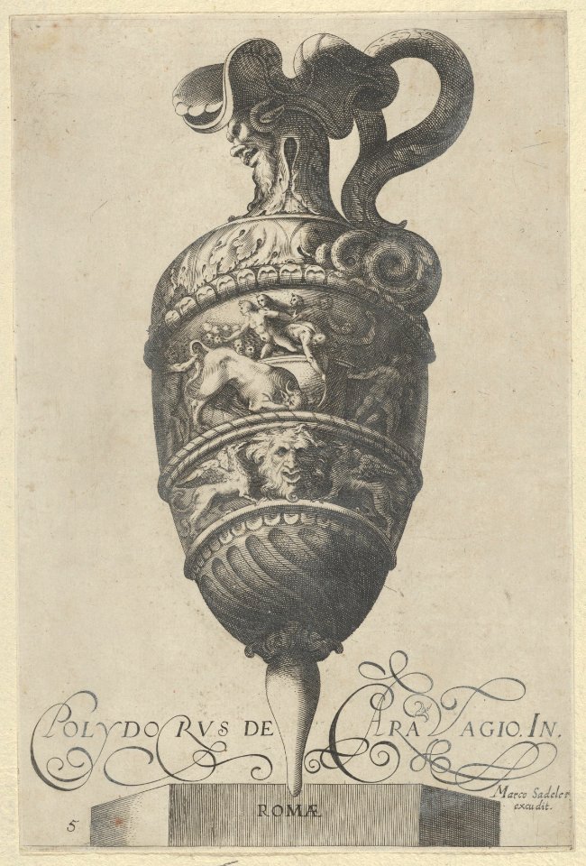Plate 5- Vase or Ewer with a Double Frieze, the Top shows Men Wrestling a Bull, the Bottom contains a Mask and Two Griffins, from Antique Vases (Vasa a Polydoro Caravagino) MET DP837054