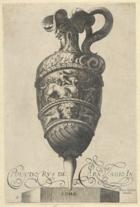 Plate 5- Vase or Ewer with a Double Frieze, the Top shows Men Wrestling a Bull, the Bottom contains a Mask and Two Griffins, from Antique Vases (Vasa a Polydoro Caravagino) MET DP837054
