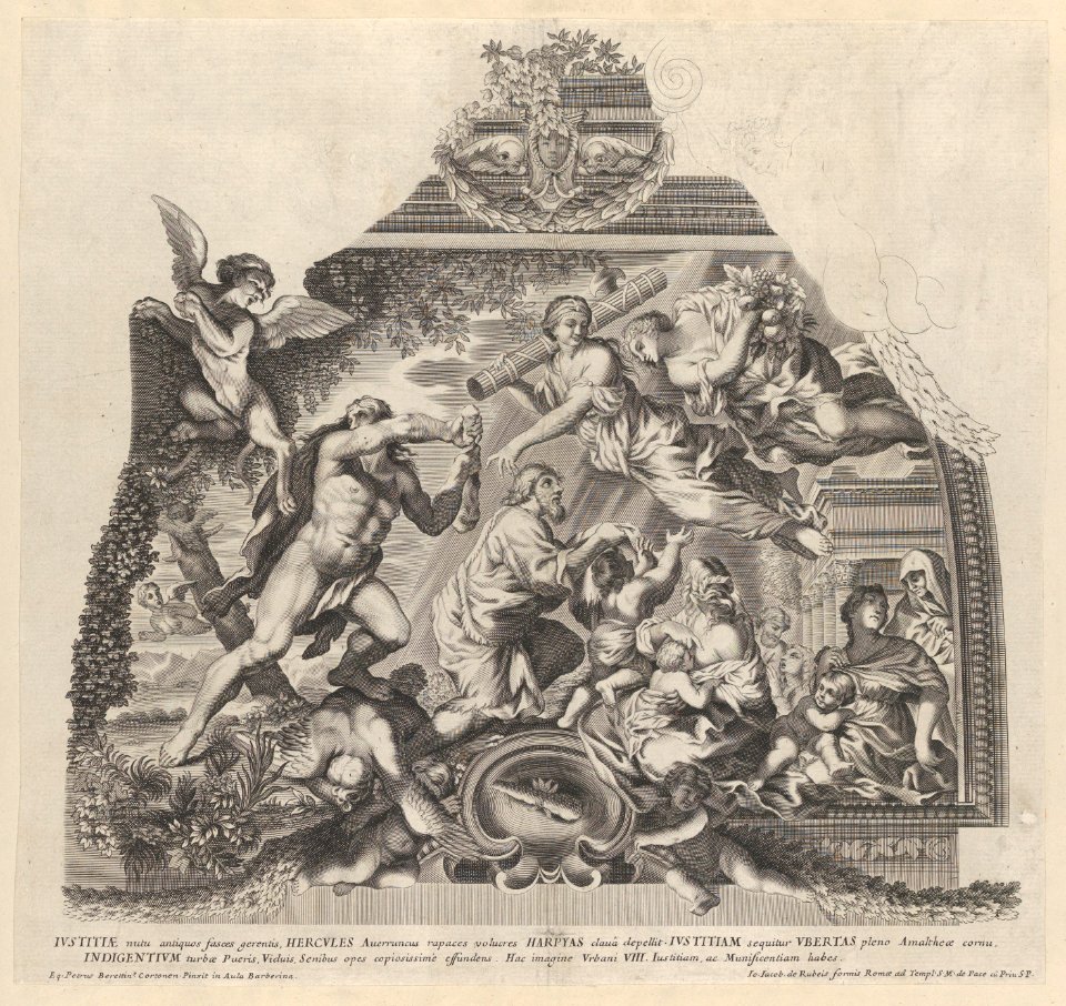 Plate 6- Allegory with Hercules chasing off the Harpies as Justice and Plenty aid the poor, from Barberinae aulae fornix MET DP854178