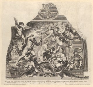 Plate 6- Allegory with Hercules chasing off the Harpies as Justice and Plenty aid the poor, from Barberinae aulae fornix MET DP854178