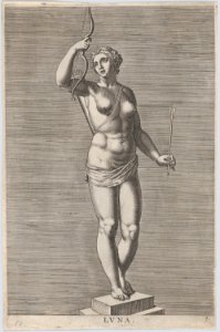 Plate 7- Diana; statue of the nude goddess standing on a socle, wearing a crescent moon in her hair and holding a bow and arrow; from 'Statues of Roman Gods' after Jacques Jonghelinck MET DP874722