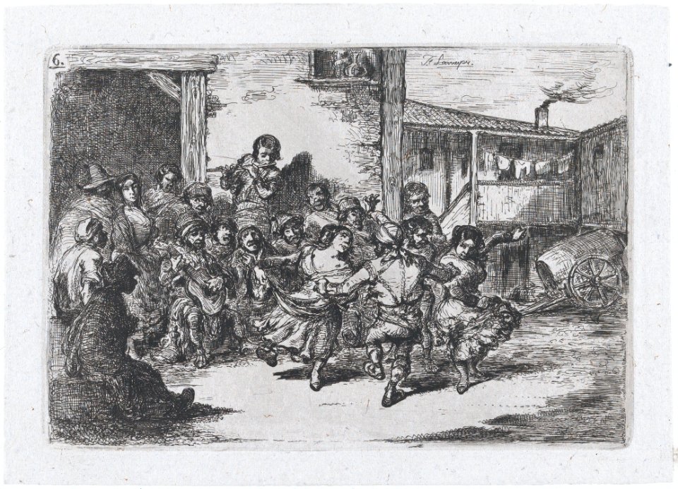 Plate 6- people dancing in the street accompanied by musicians, from the series of customs and pastimes of the Spanish people MET DP876038