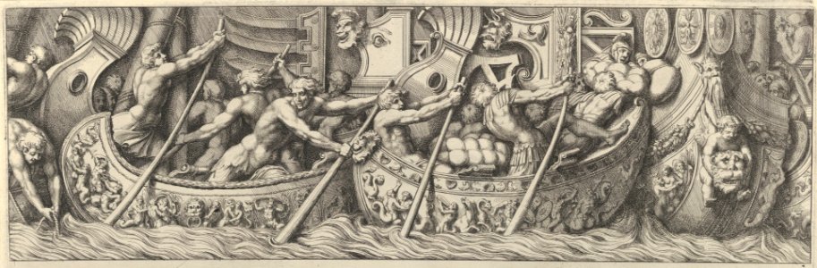 Plate 6- figures in boats decorated with mythological subjects using poles to propel them MET DP837499