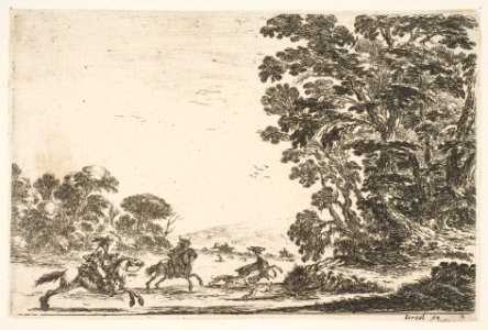 Plate 4- a deer hunt, two horsemen galloping towards the left behind three dogs and a deer, a group of trees to right, from 'Various Figures' (Agréable diversité de figures) MET DP817341