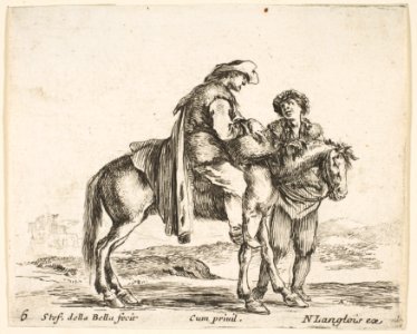 Plate 6- a peasant on horseback in profile facing the right, holding a basket and talking to another man standing behind the horse, from 'Diversi capricci' MET DP817355