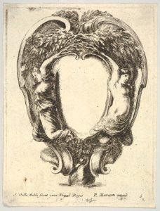 Plate 6- a cartouche supported by a duck below and decorated with two nymphs whose arms become tree branches, from 'Nouvelles inventions de Cartouches' MET DP833505