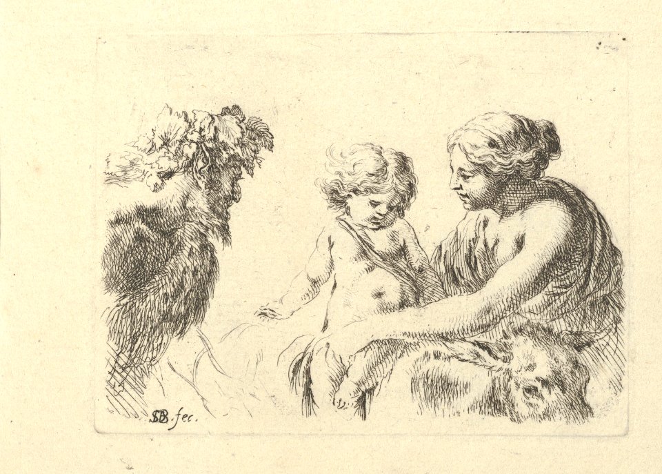 Plate 6- a woman at right holding her child who is sitting atop a donkey, a satyr at left looking towards the right, from 'Various figures and doodles' (Diverses figures et griffonnemens MET DP850409
