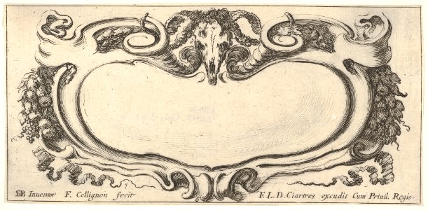 Plate 6- a cartouche with a ram skull at top center, grapes and other fruits to either side, from 'Twelve cartouches' (Recueil de douze cartouches) MET DP832446