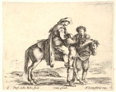 Plate 6- a peasant on horseback in profile facing the right, holding a basket and talking to another man standing behind the horse, from 'Diversi capricci' MET DP833177