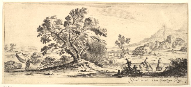 Plate 6- a fisherman carrying a net to left, two horsemen in a stream to right, a tree in center, a castle in ruins to right in the background, from 'Various landscapes' (Divers paysages) MET DP827785
