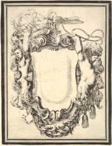 Plate 7- a cartouche flanked by two satyrs, crowned with half a herm and half a cardinal's hat, from 'Nouvelles inventions de Cartouches' MET DP833501