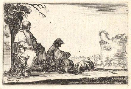 Plate 6- two seated pilgrims and one laying down to left, a tower in ruins to right in the background, from 'Caprice faict par de la Bella' MET DP831112